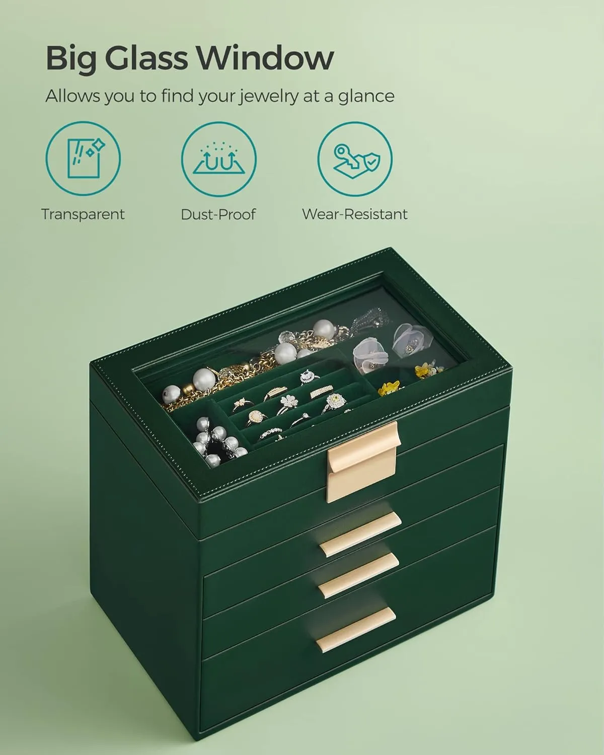 SONGMICS Jewelry Box Organizer with Glass Lid, 4-Layer Jewelry Storage, with 3 Drawers, Modern Style, 6 x 9.9 x 8.5 Inches, Forest Green and Gold Color UJBC161G01