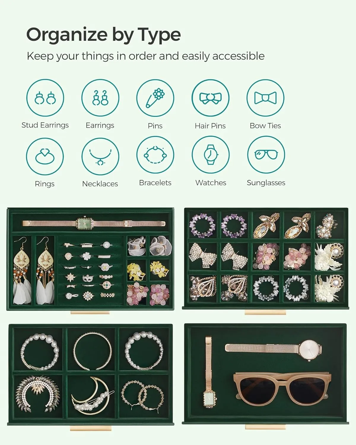 SONGMICS Jewelry Box Organizer with Glass Lid, 4-Layer Jewelry Storage, with 3 Drawers, Modern Style, 6 x 9.9 x 8.5 Inches, Forest Green and Gold Color UJBC161G01
