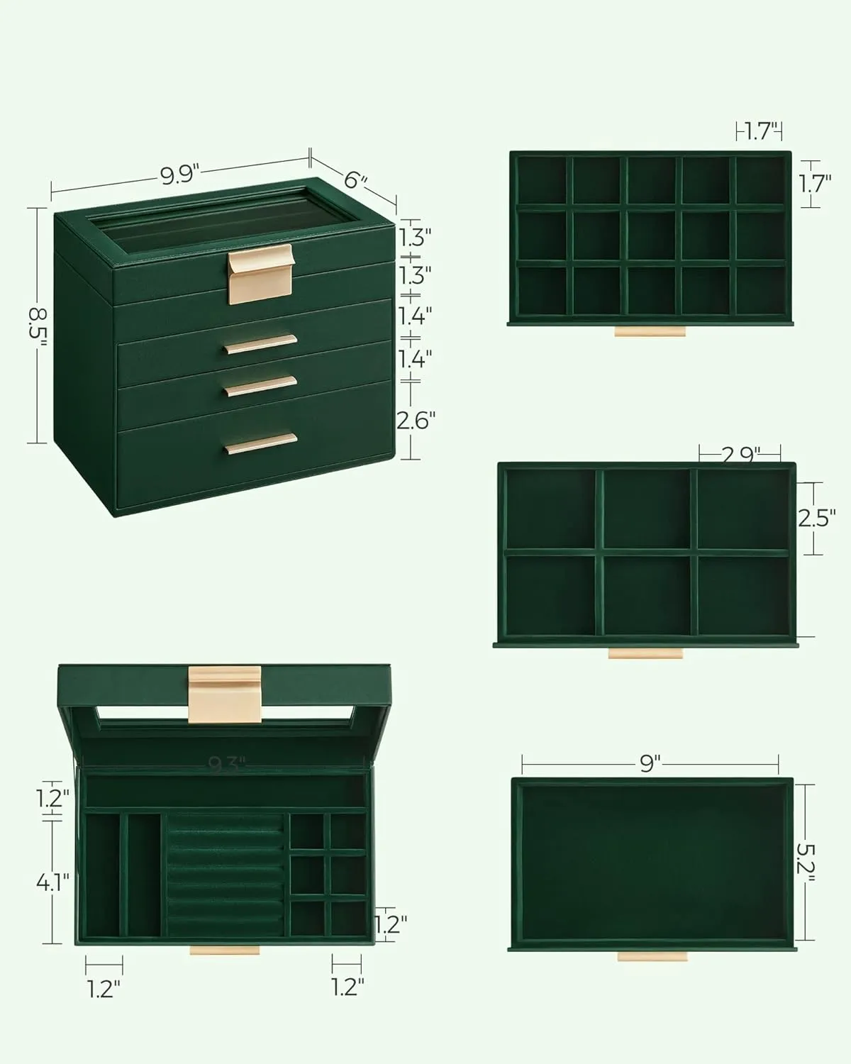 SONGMICS Jewelry Box Organizer with Glass Lid, 4-Layer Jewelry Storage, with 3 Drawers, Modern Style, 6 x 9.9 x 8.5 Inches, Forest Green and Gold Color UJBC161G01