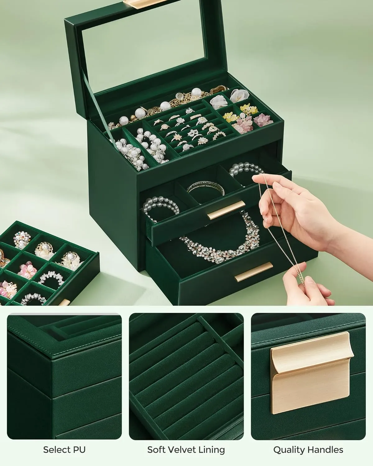 SONGMICS Jewelry Box Organizer with Glass Lid, 4-Layer Jewelry Storage, with 3 Drawers, Modern Style, 6 x 9.9 x 8.5 Inches, Forest Green and Gold Color UJBC161G01