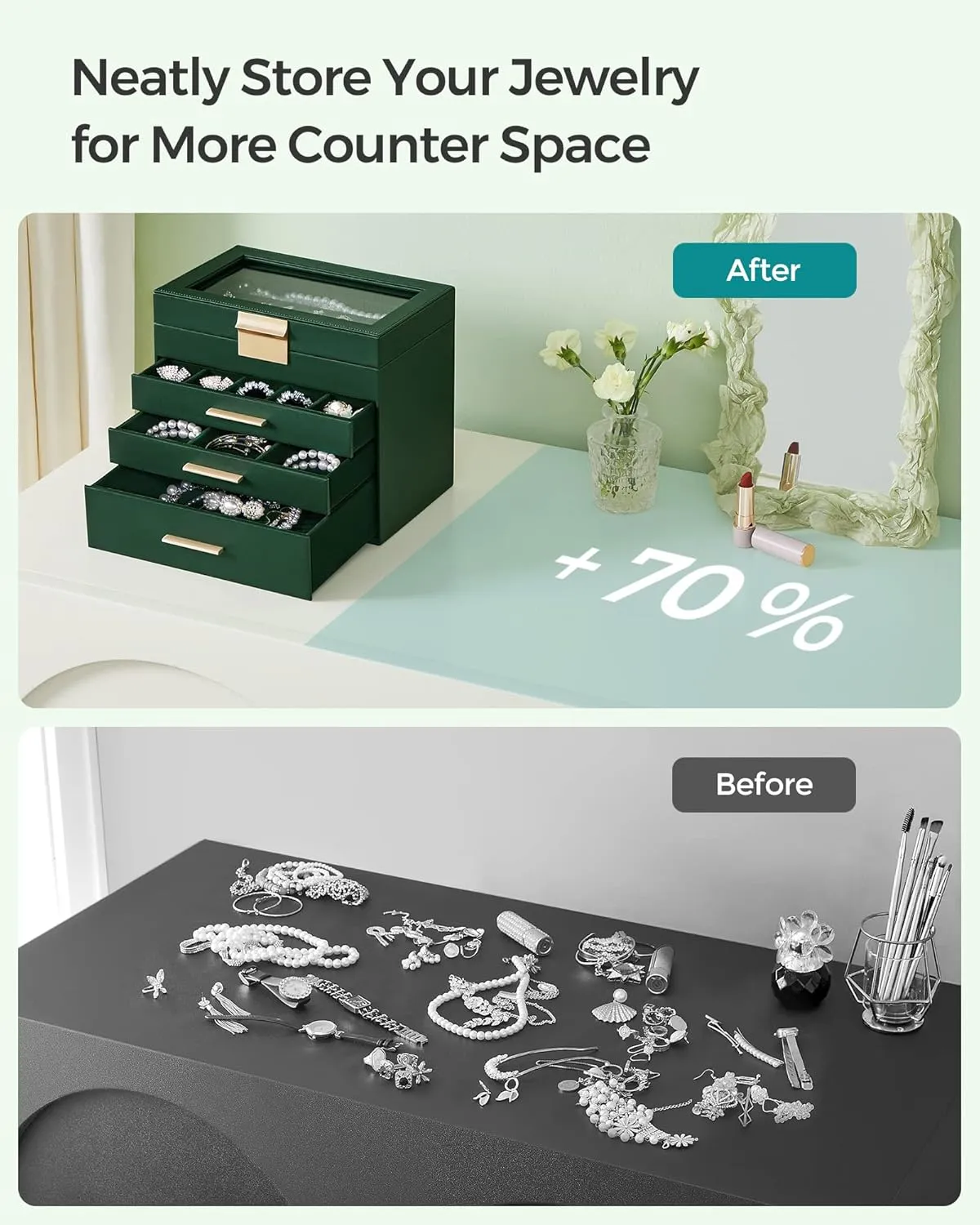 SONGMICS Jewelry Box Organizer with Glass Lid, 4-Layer Jewelry Storage, with 3 Drawers, Modern Style, 6 x 9.9 x 8.5 Inches, Forest Green and Gold Color UJBC161G01