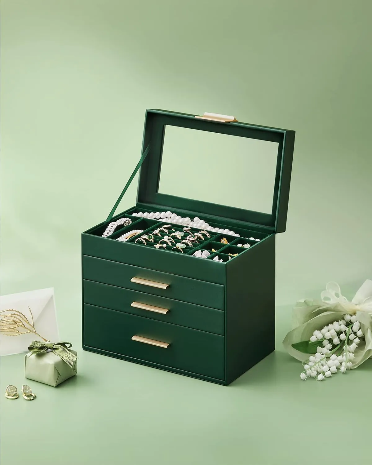 SONGMICS Jewelry Box Organizer with Glass Lid, 4-Layer Jewelry Storage, with 3 Drawers, Modern Style, 6 x 9.9 x 8.5 Inches, Forest Green and Gold Color UJBC161G01