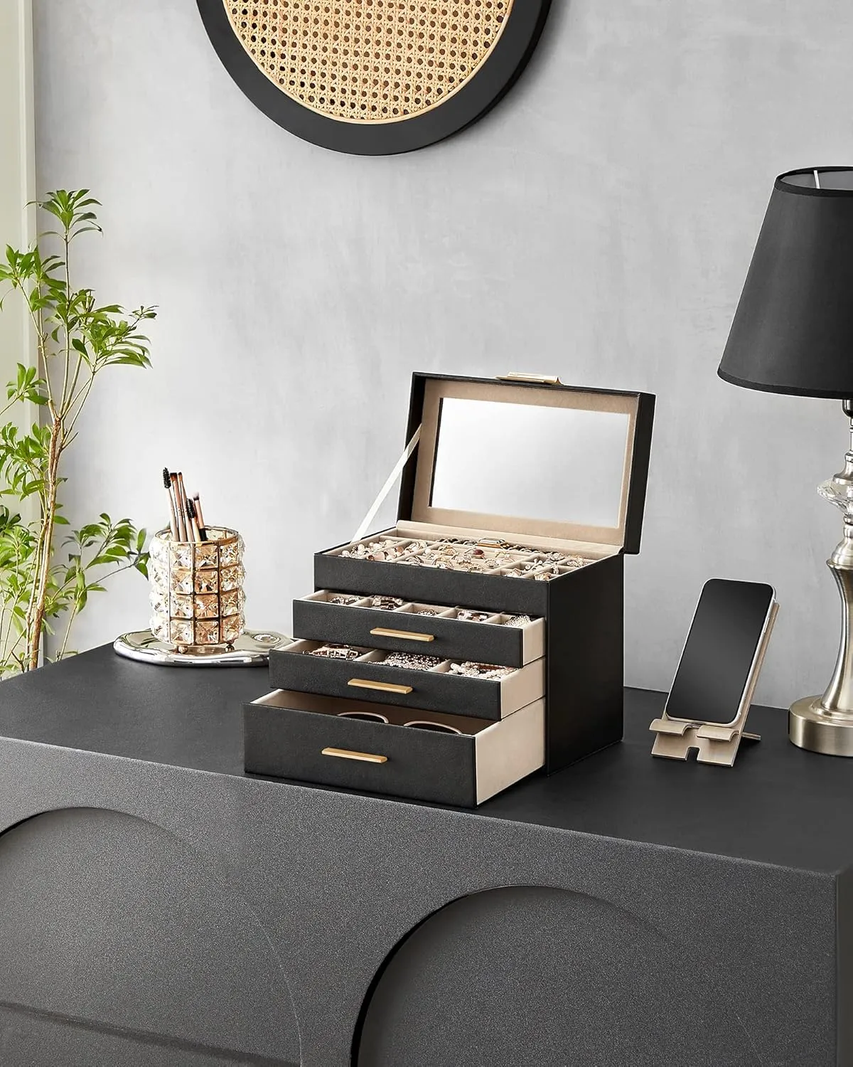 SONGMICS Jewelry Box Organizer with Glass Lid, 4-Layer Jewelry Storage, with 3 Drawers, Modern Style, 6 x 9.9 x 8.5 Inches, Graphite Black and Gold Color UJBC161B02