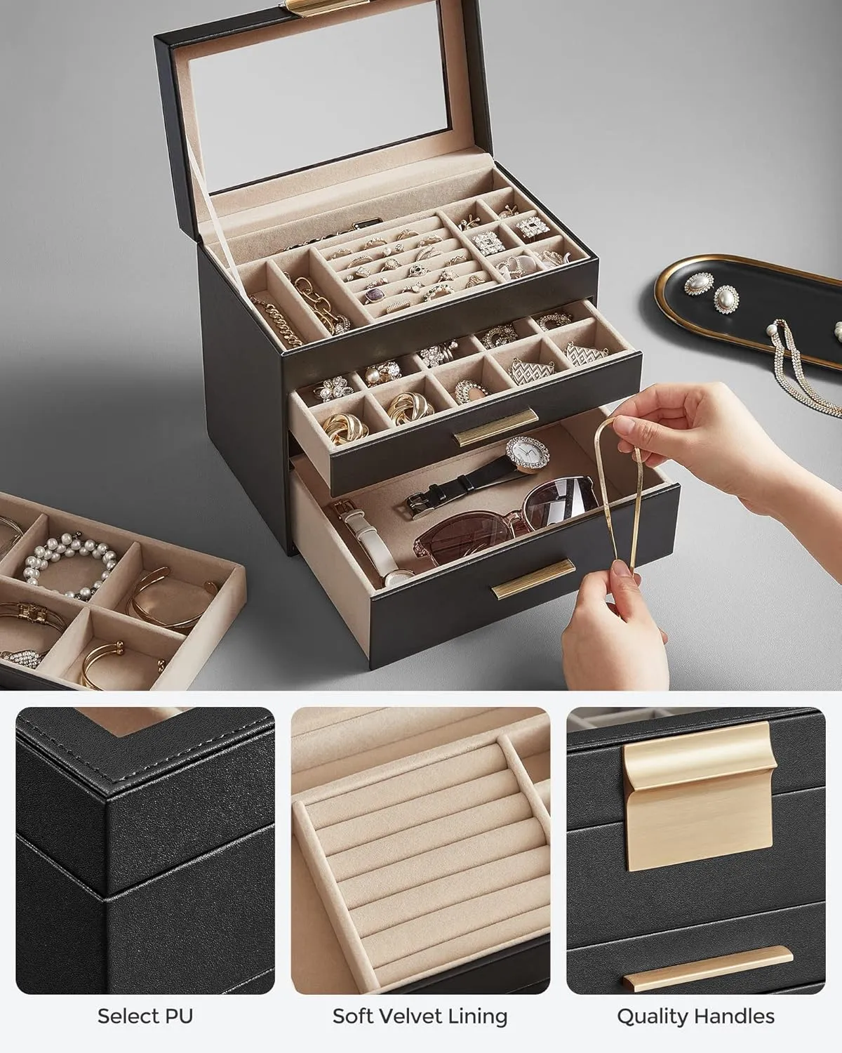 SONGMICS Jewelry Box Organizer with Glass Lid, 4-Layer Jewelry Storage, with 3 Drawers, Modern Style, 6 x 9.9 x 8.5 Inches, Graphite Black and Gold Color UJBC161B02