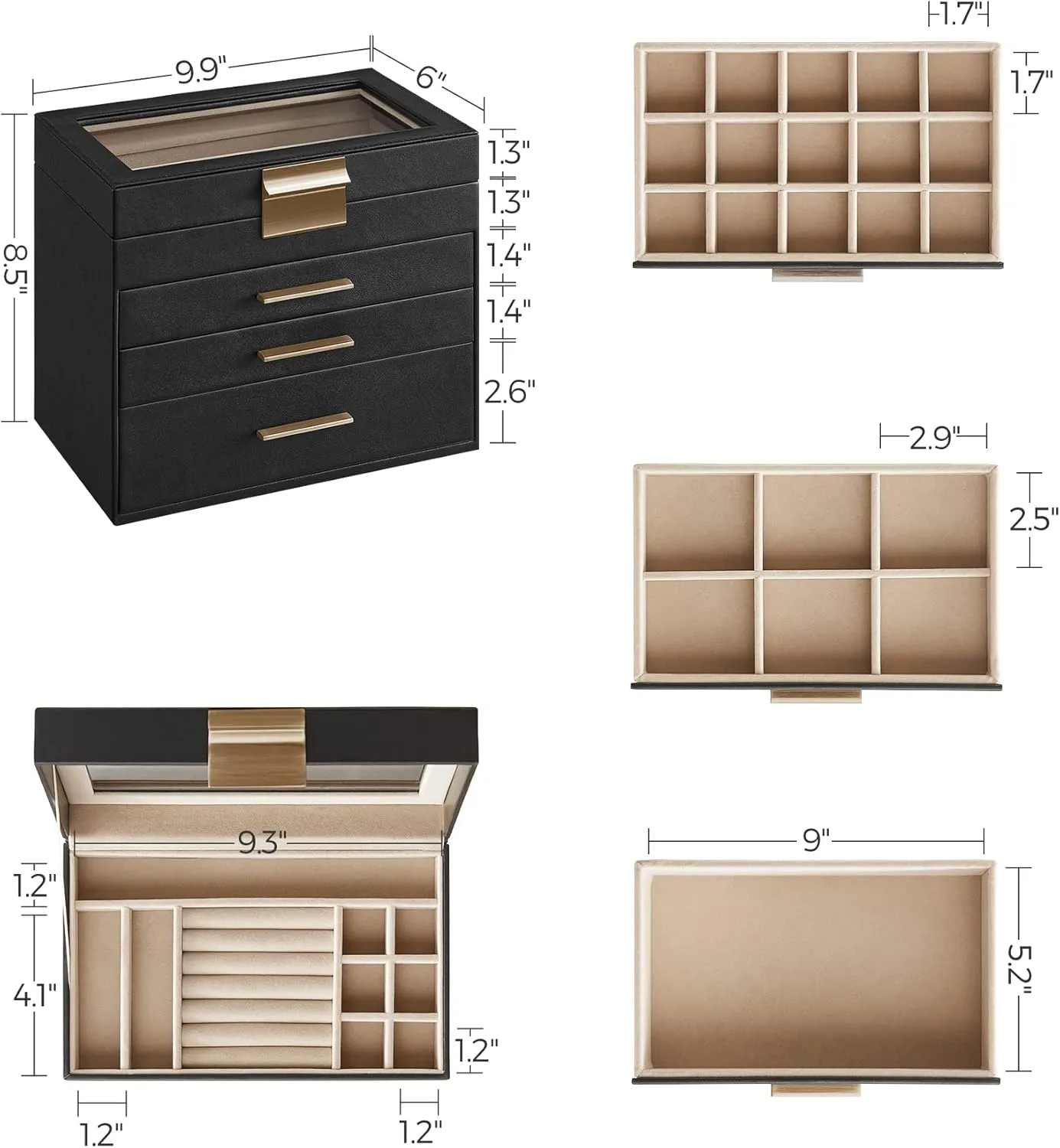 SONGMICS Jewelry Box Organizer with Glass Lid, 4-Layer Jewelry Storage, with 3 Drawers, Modern Style, 6 x 9.9 x 8.5 Inches, Graphite Black and Gold Color UJBC161B02