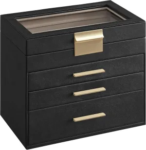 SONGMICS Jewelry Box Organizer with Glass Lid, 4-Layer Jewelry Storage, with 3 Drawers, Modern Style, 6 x 9.9 x 8.5 Inches, Graphite Black and Gold Color UJBC161B02