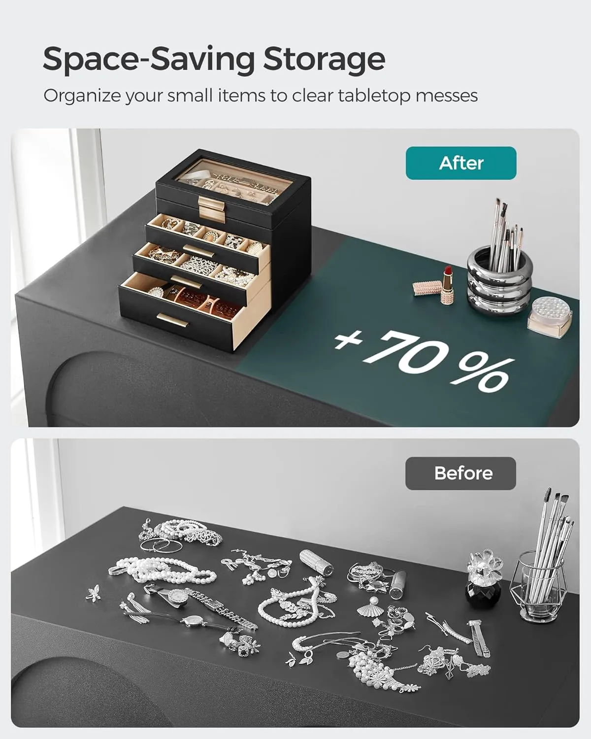 SONGMICS Jewelry Box Organizer with Glass Lid, 4-Layer Jewelry Storage, with 3 Drawers, Modern Style, 6 x 9.9 x 8.5 Inches, Graphite Black and Gold Color UJBC161B02