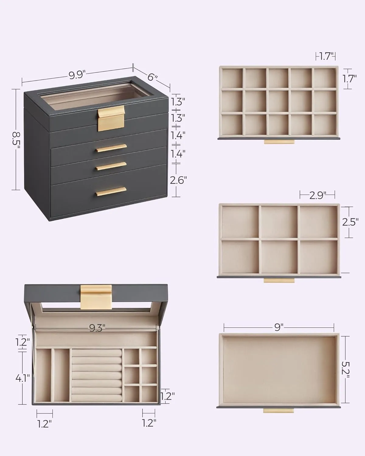 SONGMICS Jewelry Box Organizer with Glass Lid, 4-Layer Jewelry Storage, with 3 Drawers, Modern Style, 6 x 9.9 x 8.5 Inches, Interstellar Gray and Gold Color UJBC161C01