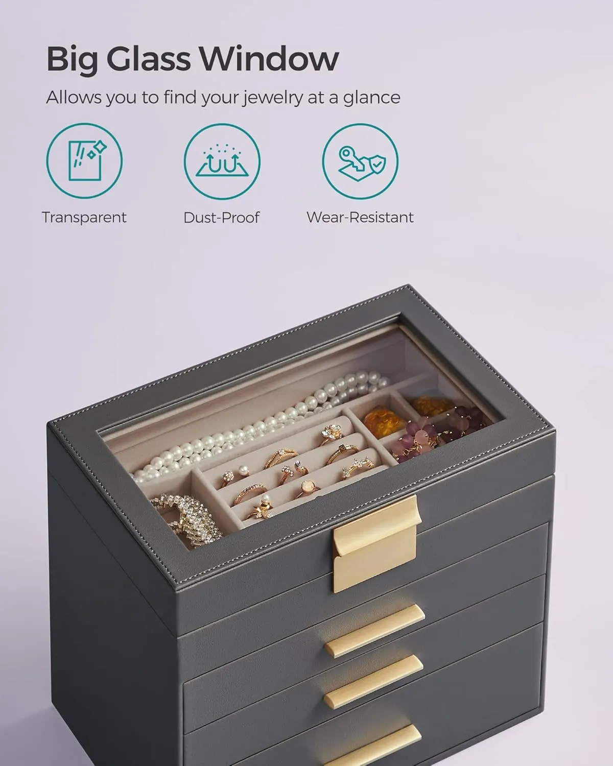 SONGMICS Jewelry Box Organizer with Glass Lid, 4-Layer Jewelry Storage, with 3 Drawers, Modern Style, 6 x 9.9 x 8.5 Inches, Interstellar Gray and Gold Color UJBC161C01