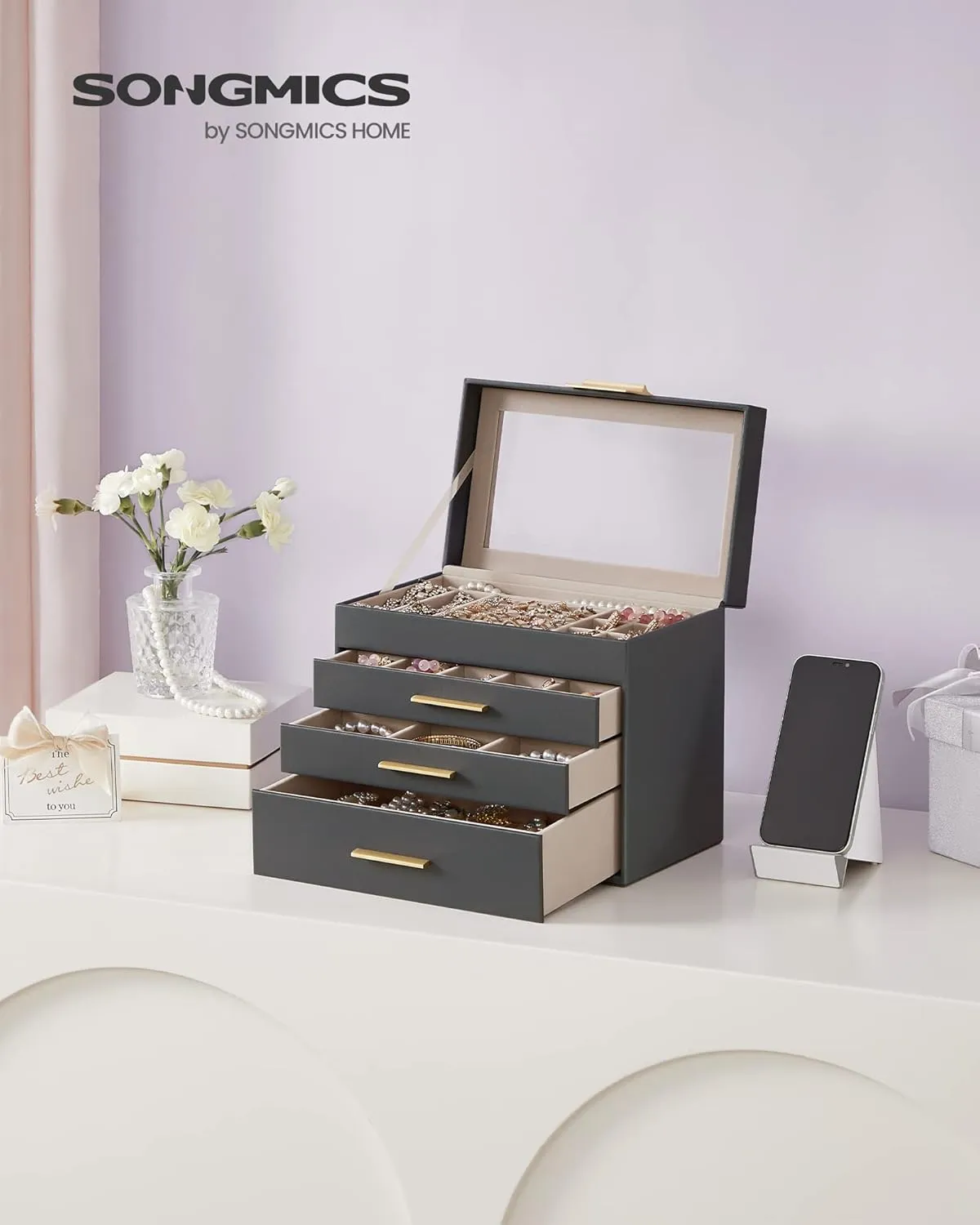 SONGMICS Jewelry Box Organizer with Glass Lid, 4-Layer Jewelry Storage, with 3 Drawers, Modern Style, 6 x 9.9 x 8.5 Inches, Interstellar Gray and Gold Color UJBC161C01