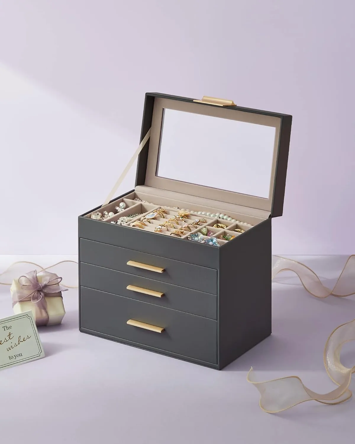 SONGMICS Jewelry Box Organizer with Glass Lid, 4-Layer Jewelry Storage, with 3 Drawers, Modern Style, 6 x 9.9 x 8.5 Inches, Interstellar Gray and Gold Color UJBC161C01