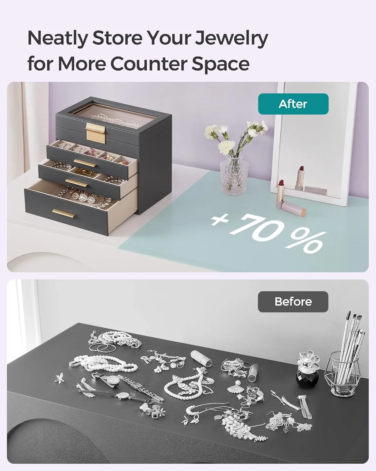 SONGMICS Jewelry Box Organizer with Glass Lid, 4-Layer Jewelry Storage, with 3 Drawers, Modern Style, 6 x 9.9 x 8.5 Inches, Interstellar Gray and Gold Color UJBC161C01