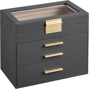 SONGMICS Jewelry Box Organizer with Glass Lid, 4-Layer Jewelry Storage, with 3 Drawers, Modern Style, 6 x 9.9 x 8.5 Inches, Interstellar Gray and Gold Color UJBC161C01