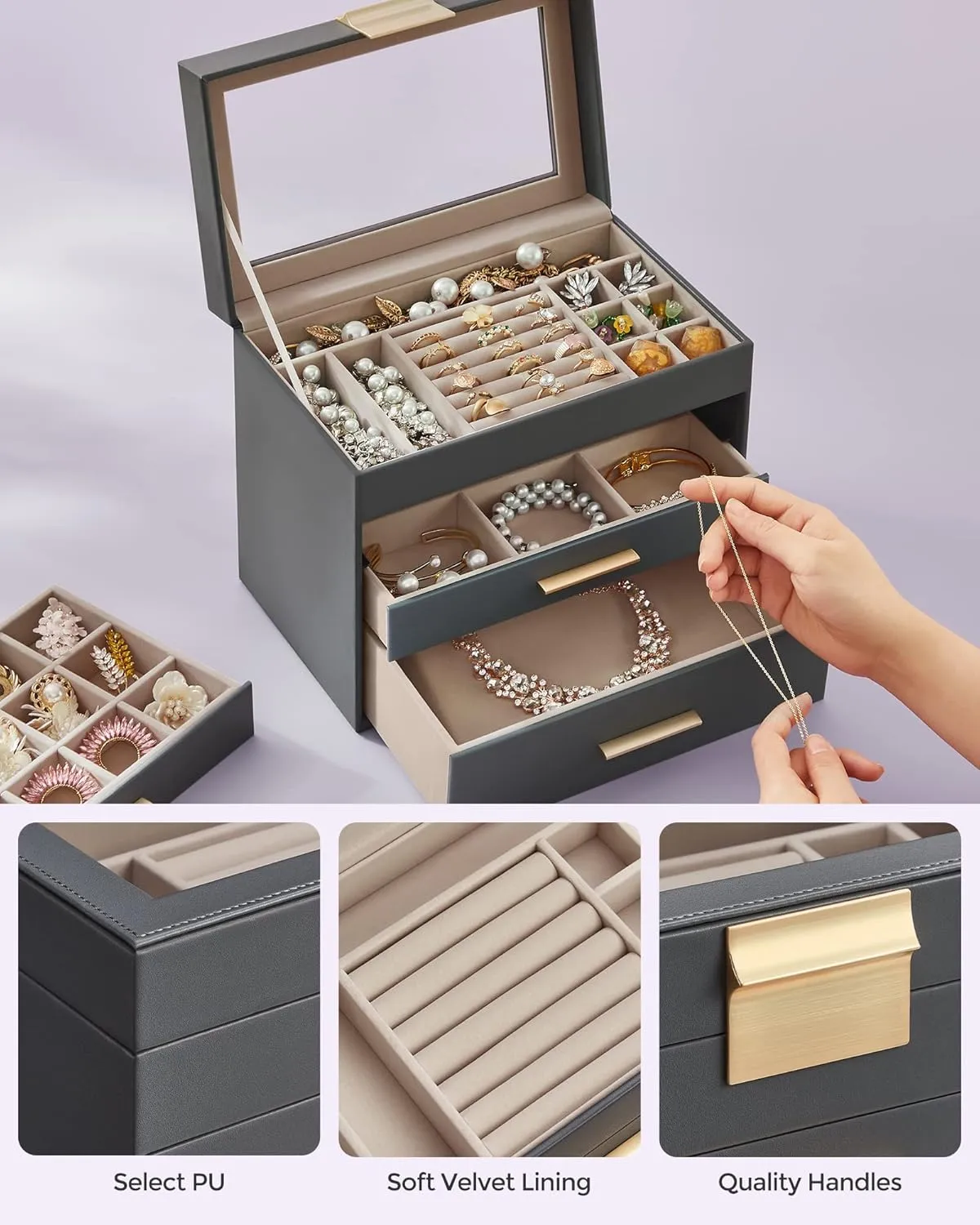 SONGMICS Jewelry Box Organizer with Glass Lid, 4-Layer Jewelry Storage, with 3 Drawers, Modern Style, 6 x 9.9 x 8.5 Inches, Interstellar Gray and Gold Color UJBC161C01