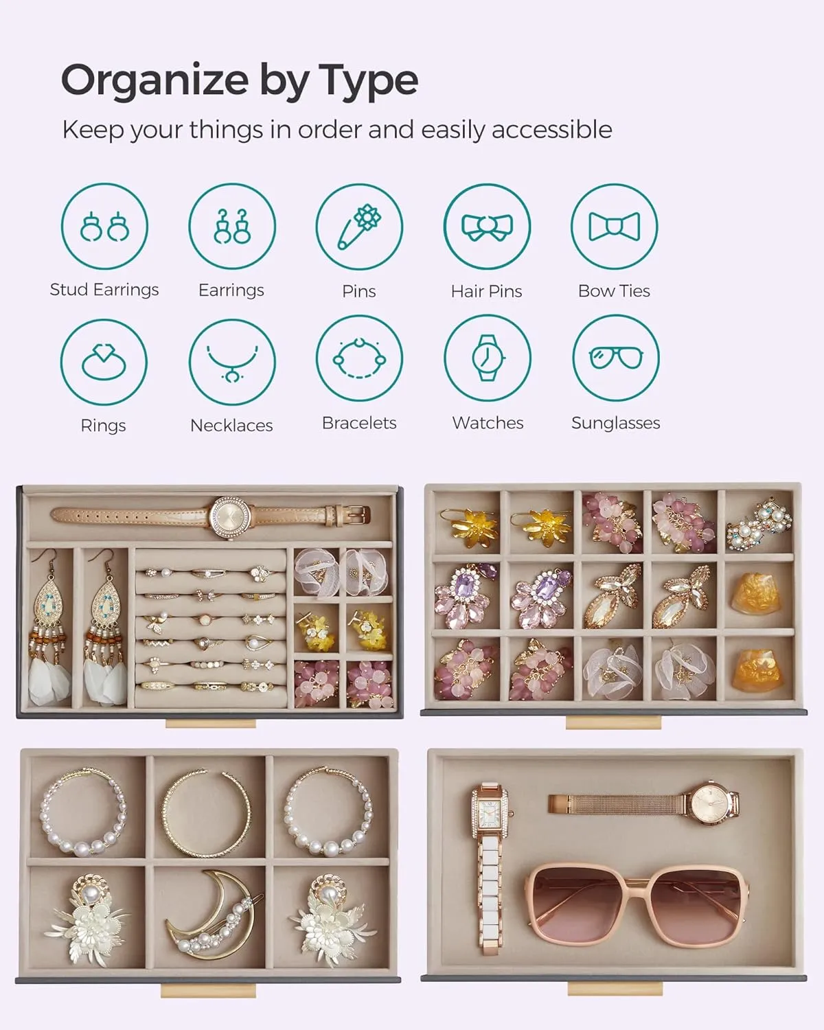 SONGMICS Jewelry Box Organizer with Glass Lid, 4-Layer Jewelry Storage, with 3 Drawers, Modern Style, 6 x 9.9 x 8.5 Inches, Interstellar Gray and Gold Color UJBC161C01
