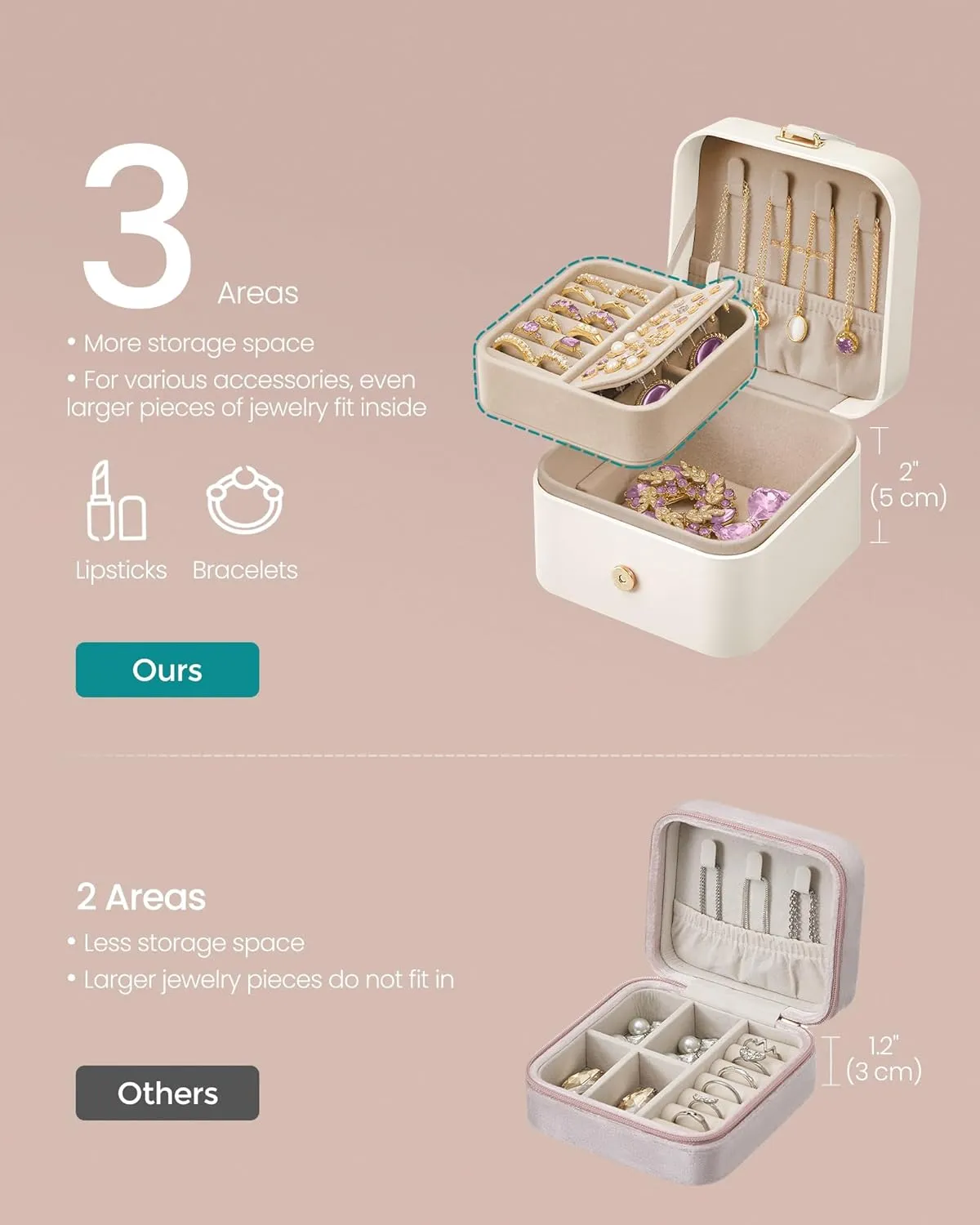 SONGMICS Jewelry Box, Travel Jewelry Case, 2-Layer Jewelry Holder Organizer, Portable Versatile Earring Storage, for Small Accessories, Cloud White UJBC185W03