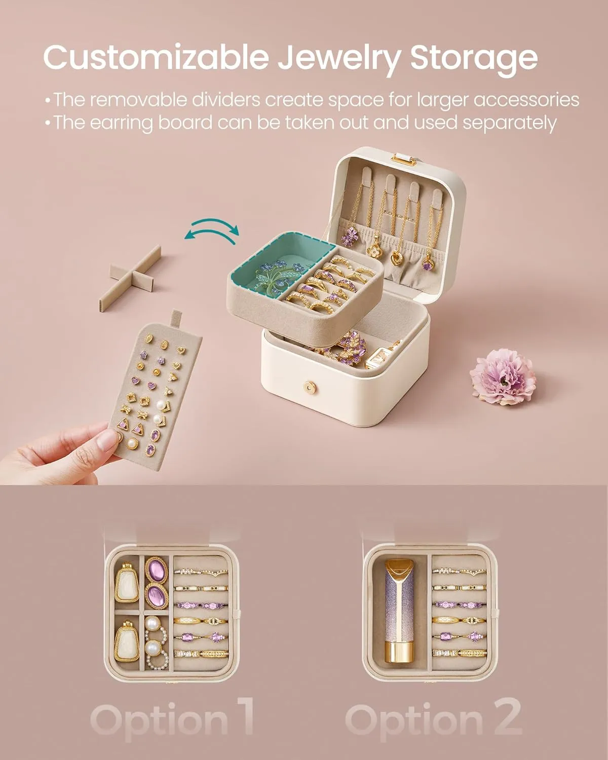 SONGMICS Jewelry Box, Travel Jewelry Case, 2-Layer Jewelry Holder Organizer, Portable Versatile Earring Storage, for Small Accessories, Cloud White UJBC185W03