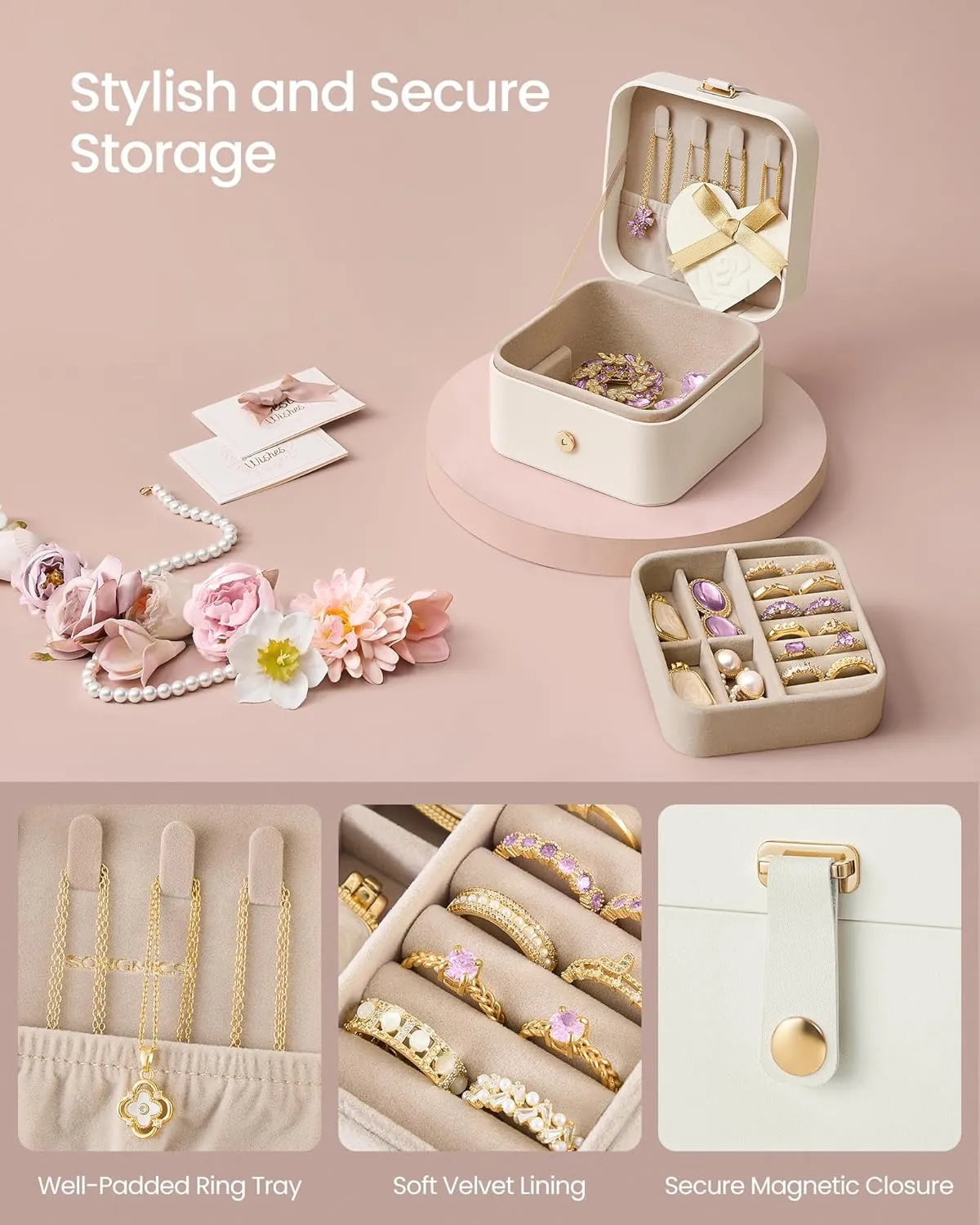 SONGMICS Jewelry Box, Travel Jewelry Case, 2-Layer Jewelry Holder Organizer, Portable Versatile Earring Storage, for Small Accessories, Cloud White UJBC185W03