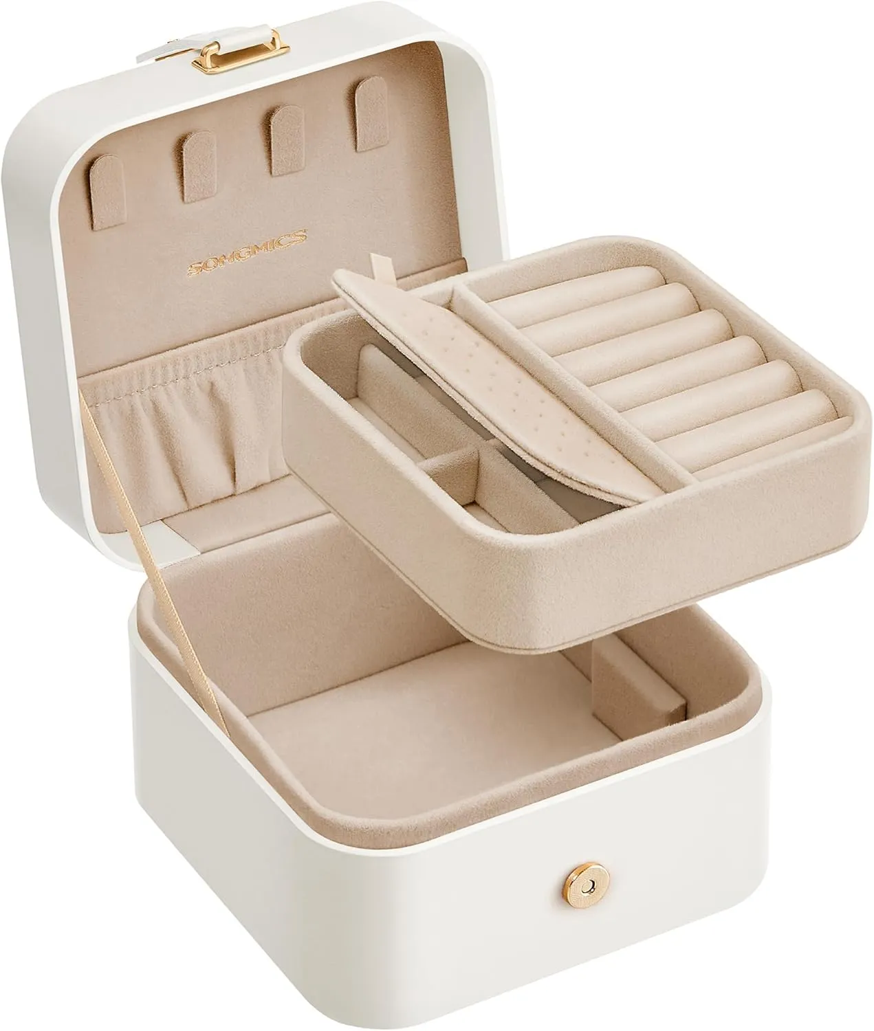 SONGMICS Jewelry Box, Travel Jewelry Case, 2-Layer Jewelry Holder Organizer, Portable Versatile Earring Storage, for Small Accessories, Cloud White UJBC185W03
