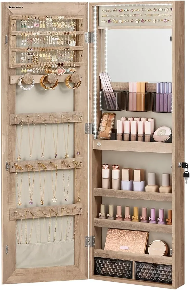 SONGMICS Jewelry Cabinet Armoire Organizer with LED Lights, Wall-Mounted Storage Cabinet with Full-Length Frameless Mirror, Built-in Makeup Mirror, 2 Drawers, Lockable, Camel Brown UJJC013N01