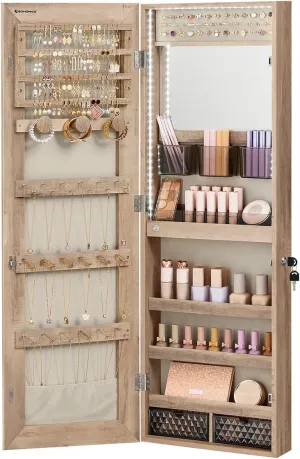 SONGMICS Jewelry Cabinet Armoire Organizer with LED Lights, Wall-Mounted Storage Cabinet with Full-Length Frameless Mirror, Built-in Makeup Mirror, 2 Drawers, Lockable, Camel Brown UJJC013N01