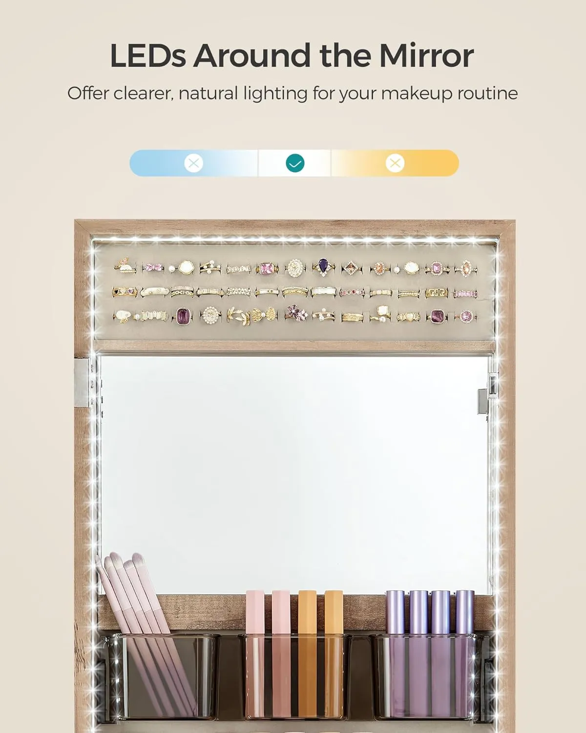 SONGMICS Jewelry Cabinet Armoire Organizer with LED Lights, Wall-Mounted Storage Cabinet with Full-Length Frameless Mirror, Built-in Makeup Mirror, 2 Drawers, Lockable, Camel Brown UJJC013N01