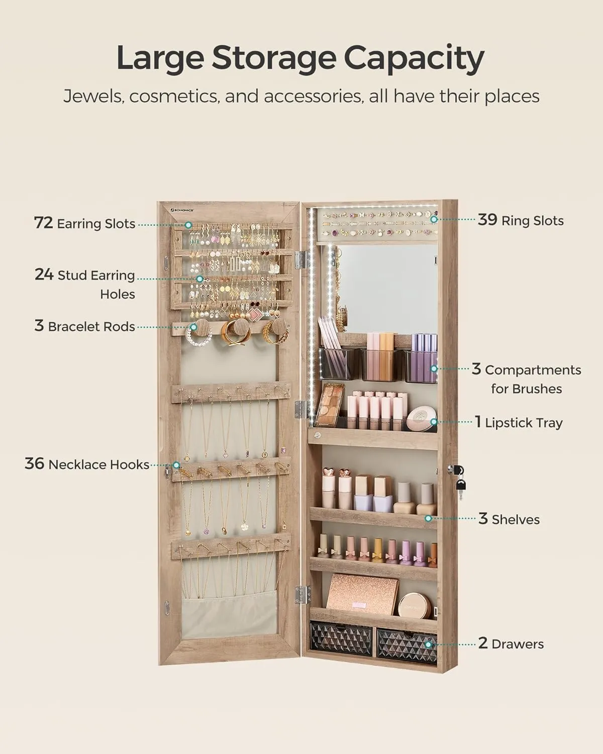 SONGMICS Jewelry Cabinet Armoire Organizer with LED Lights, Wall-Mounted Storage Cabinet with Full-Length Frameless Mirror, Built-in Makeup Mirror, 2 Drawers, Lockable, Camel Brown UJJC013N01