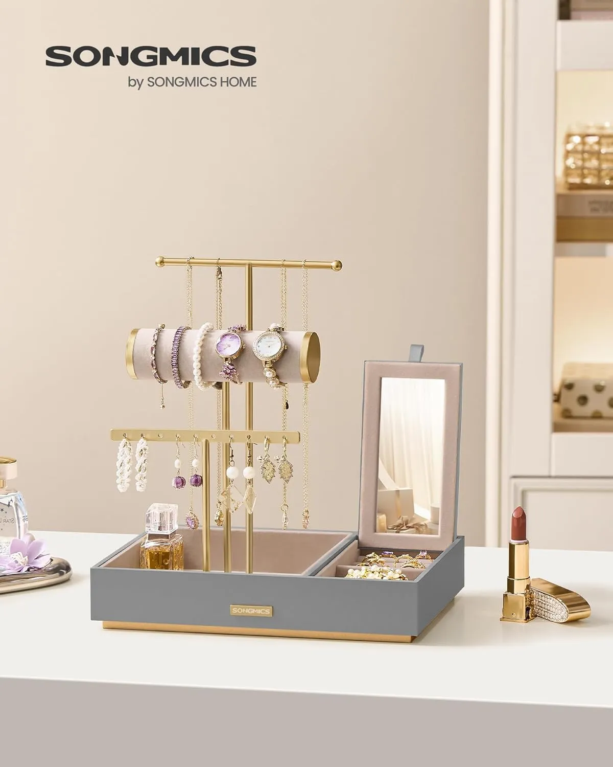 SONGMICS Jewelry Holder, Jewelry Organizer, Jewelry Display Stand, Metal Earring Organizer with Mirror, with Necklace Earring Bracelet Holder, for Rings, Gift Idea, Dove Gray and Gold UJJS022G01