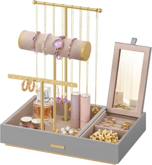 SONGMICS Jewelry Holder, Jewelry Organizer, Jewelry Display Stand, Metal Earring Organizer with Mirror, with Necklace Earring Bracelet Holder, for Rings, Gift Idea, Dove Gray and Gold UJJS022G01
