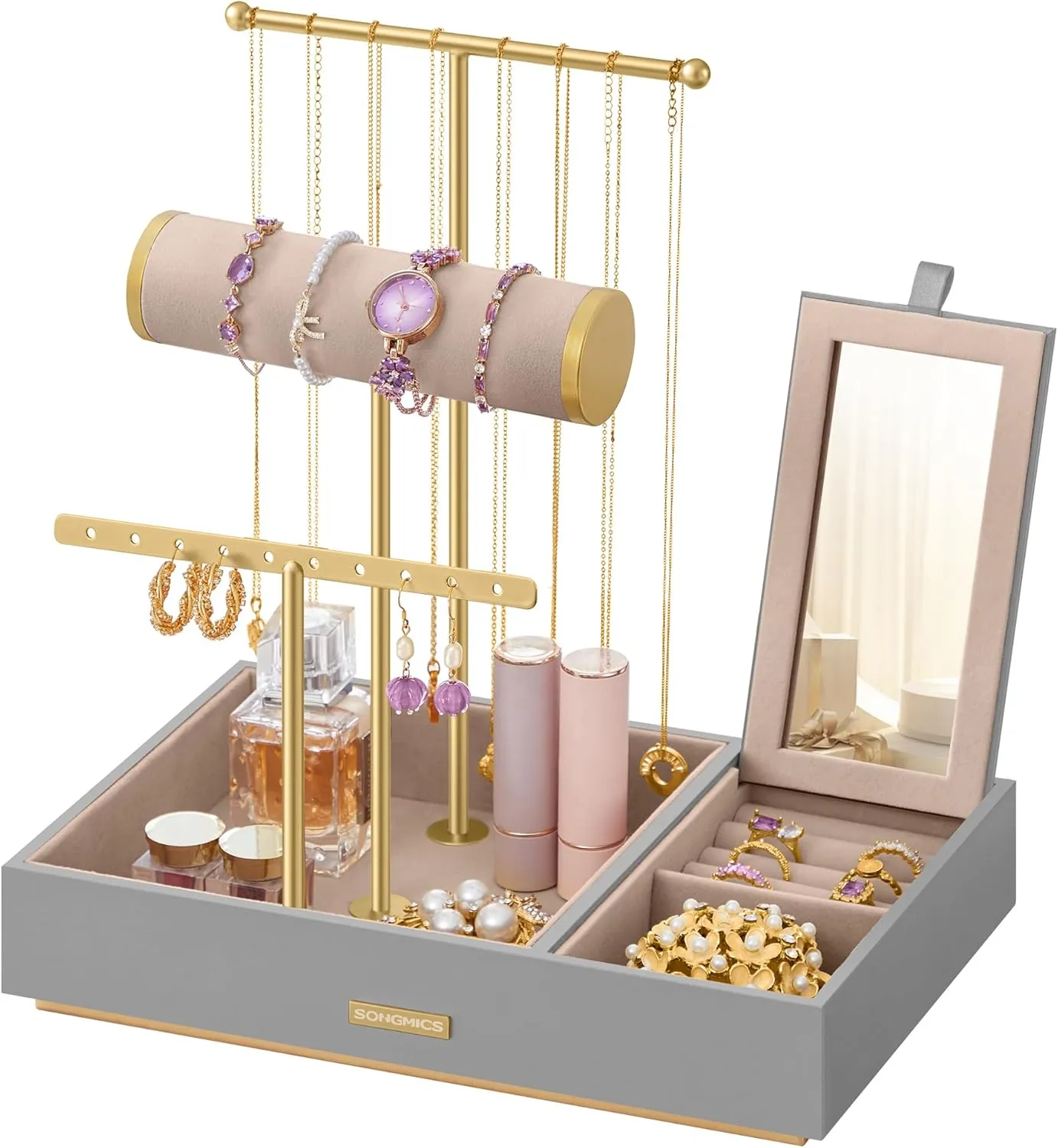 SONGMICS Jewelry Holder, Jewelry Organizer, Jewelry Display Stand, Metal Earring Organizer with Mirror, with Necklace Earring Bracelet Holder, for Rings, Gift Idea, Dove Gray and Gold UJJS022G01