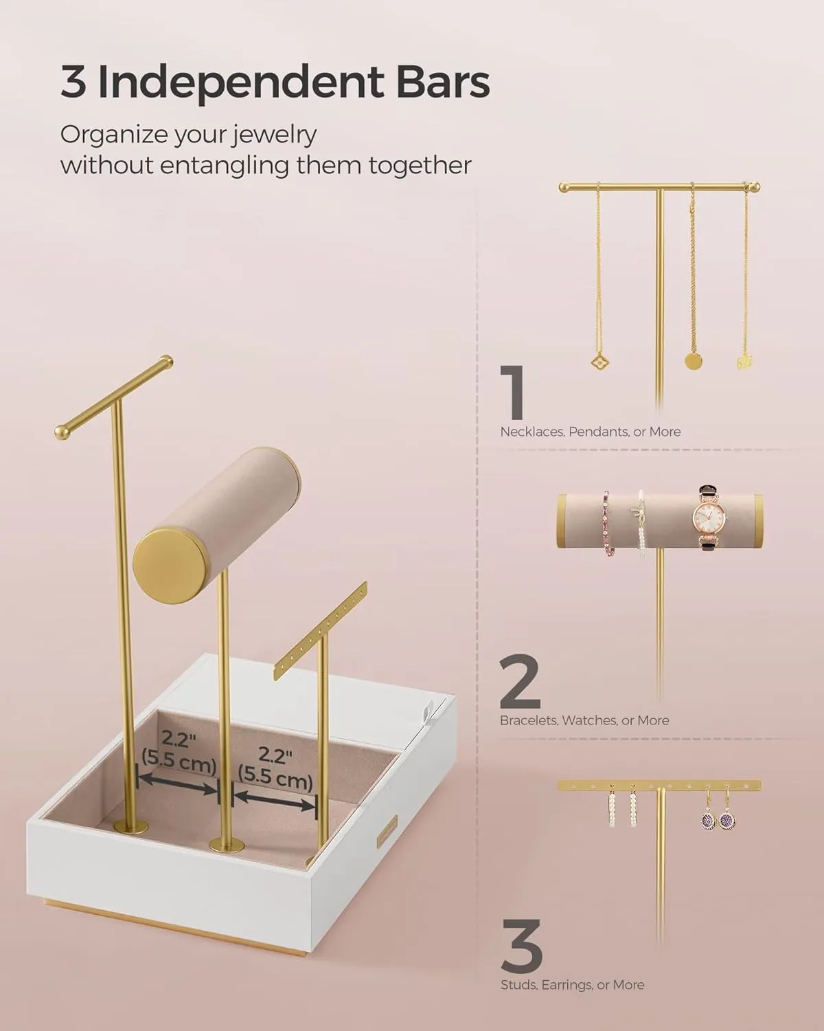 SONGMICS Jewelry Holder, Jewelry Organizer, Jewelry Display Stand, Metal Earring Organizer with Mirror, with Necklace Earring Bracelet Holder, for Rings, Gift Idea, White and Gold UJJS022W01V1