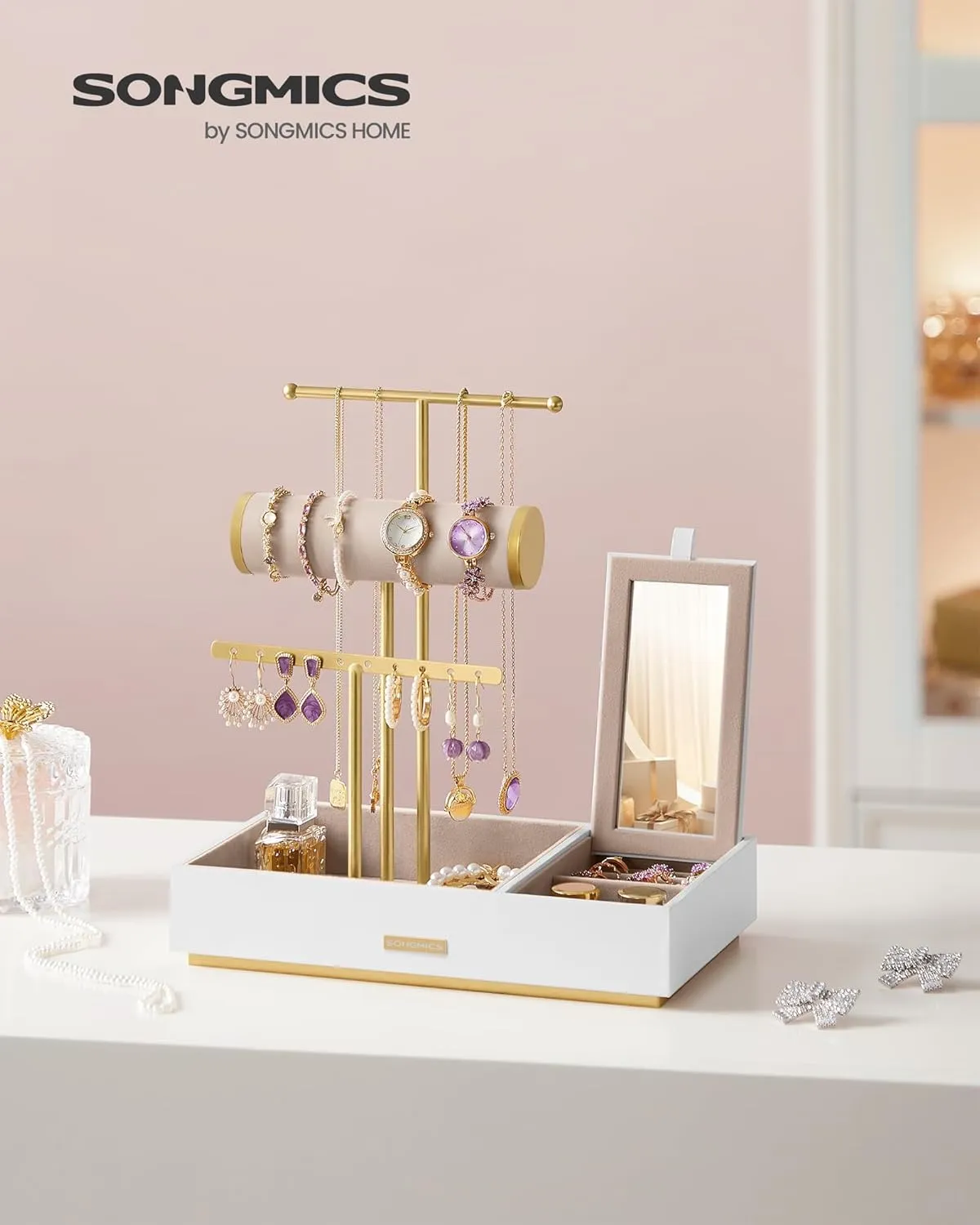 SONGMICS Jewelry Holder, Jewelry Organizer, Jewelry Display Stand, Metal Earring Organizer with Mirror, with Necklace Earring Bracelet Holder, for Rings, Gift Idea, White and Gold UJJS022W01V1
