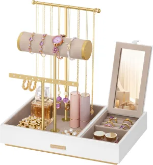 SONGMICS Jewelry Holder, Jewelry Organizer, Jewelry Display Stand, Metal Earring Organizer with Mirror, with Necklace Earring Bracelet Holder, for Rings, Gift Idea, White and Gold UJJS022W01V1