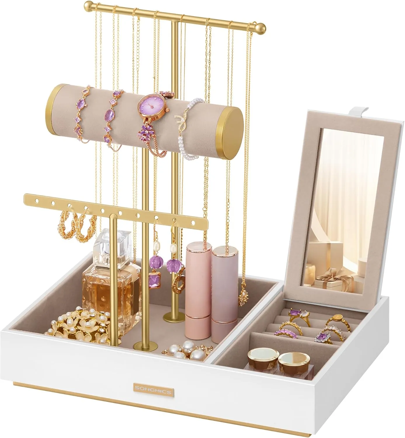 SONGMICS Jewelry Holder, Jewelry Organizer, Jewelry Display Stand, Metal Earring Organizer with Mirror, with Necklace Earring Bracelet Holder, for Rings, Gift Idea, White and Gold UJJS022W01V1