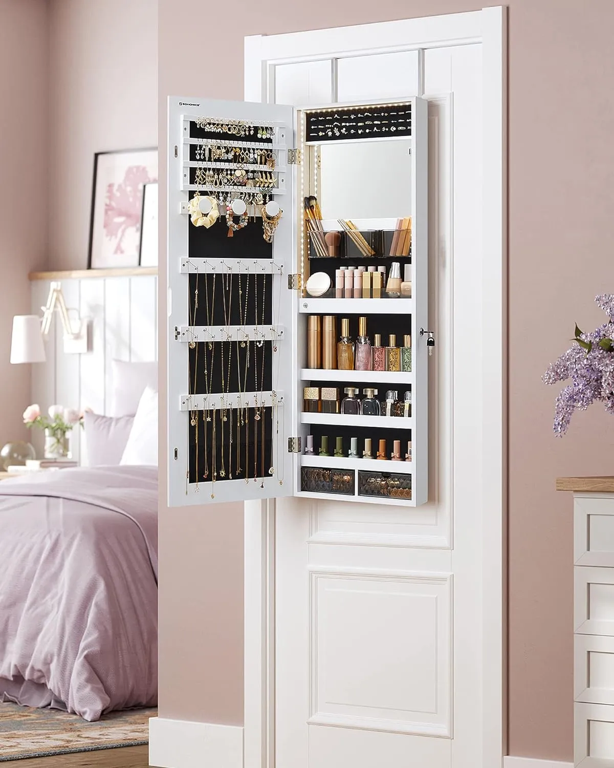 SONGMICS Mirror Jewelry Cabinet Armoire Organizer, Wall or Door Mount Storage Cabinet with Full-Length Frameless Lighted Mirror, Built-in Makeup Mirror, 2 Drawers, Lockable, White UJJC013W01