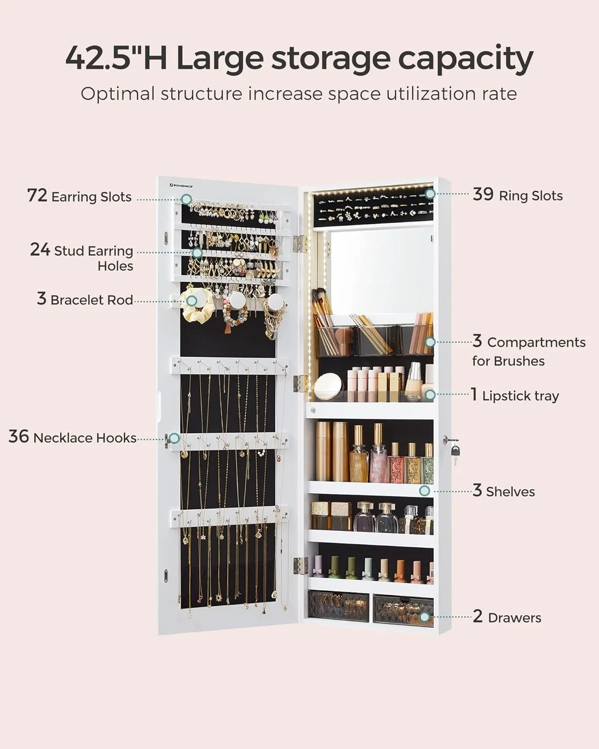 SONGMICS Mirror Jewelry Cabinet Armoire Organizer, Wall or Door Mount Storage Cabinet with Full-Length Frameless Lighted Mirror, Built-in Makeup Mirror, 2 Drawers, Lockable, White UJJC013W01