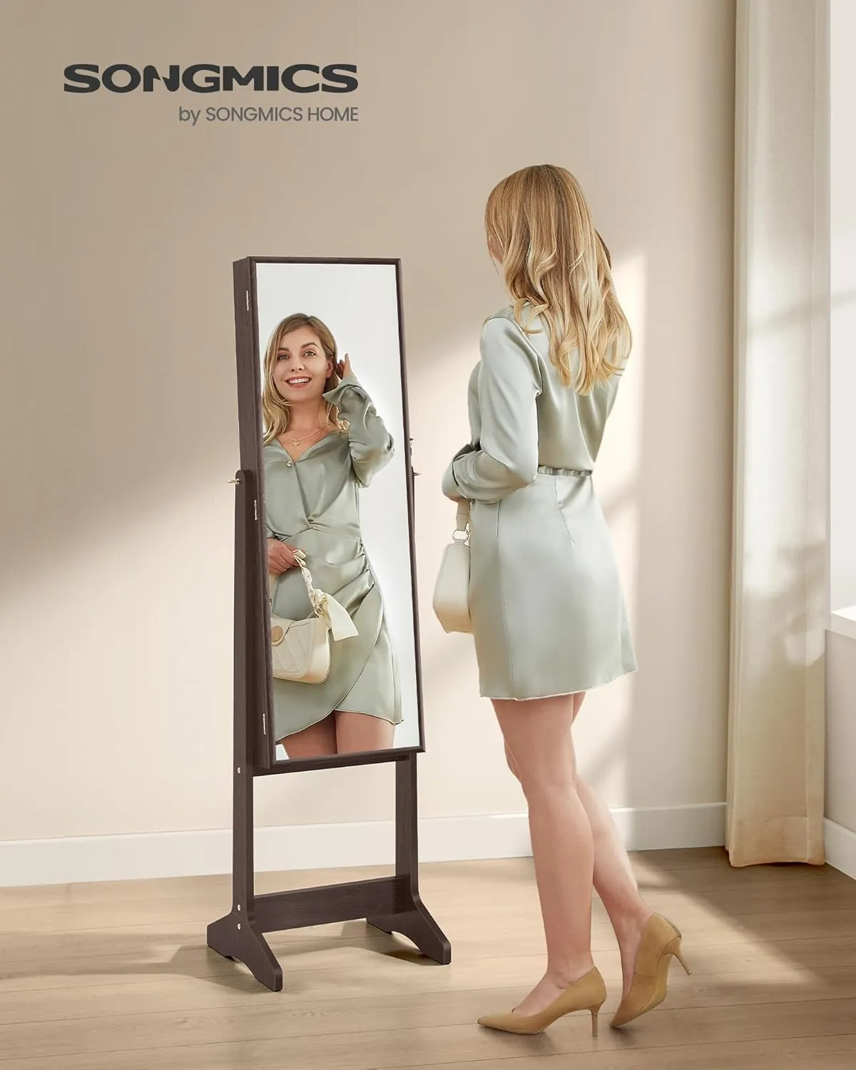 SONGMICS Mirror Jewelry Cabinet Armoire, Standing Full-Length Mirror, Lockable Jewelry Organizer, Gift Idea, Brown Surface and Black Lining UJJC69BR