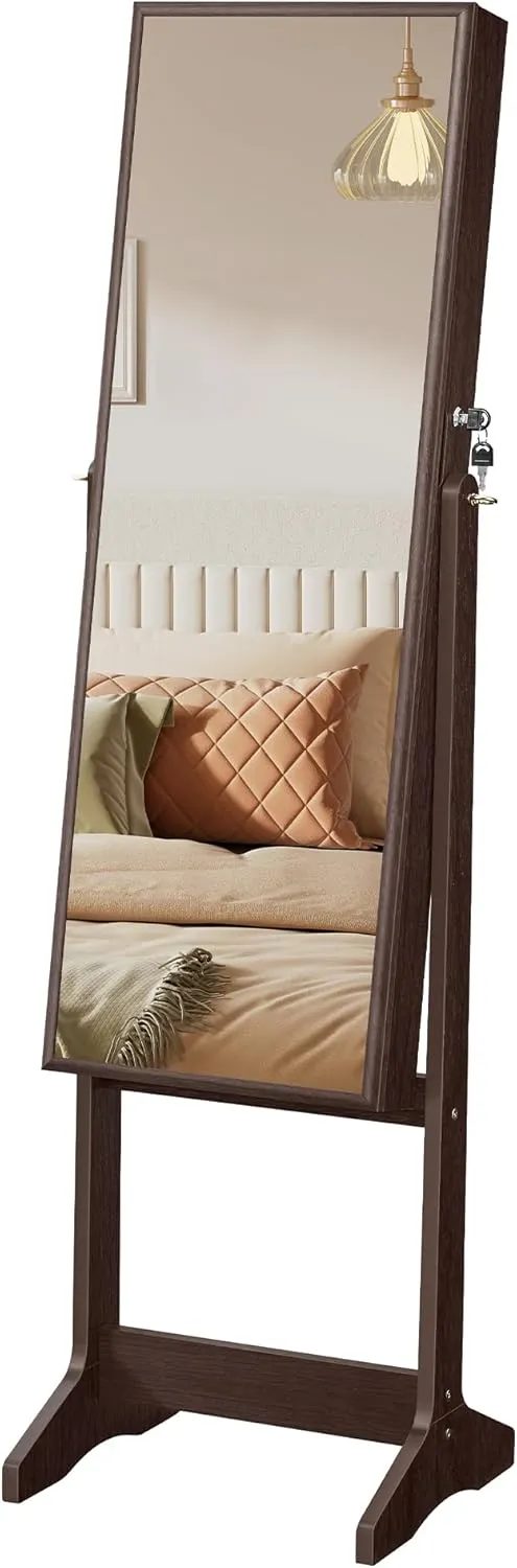 SONGMICS Mirror Jewelry Cabinet Armoire, Standing Full-Length Mirror, Lockable Jewelry Organizer, Gift Idea, Brown Surface and Black Lining UJJC69BR