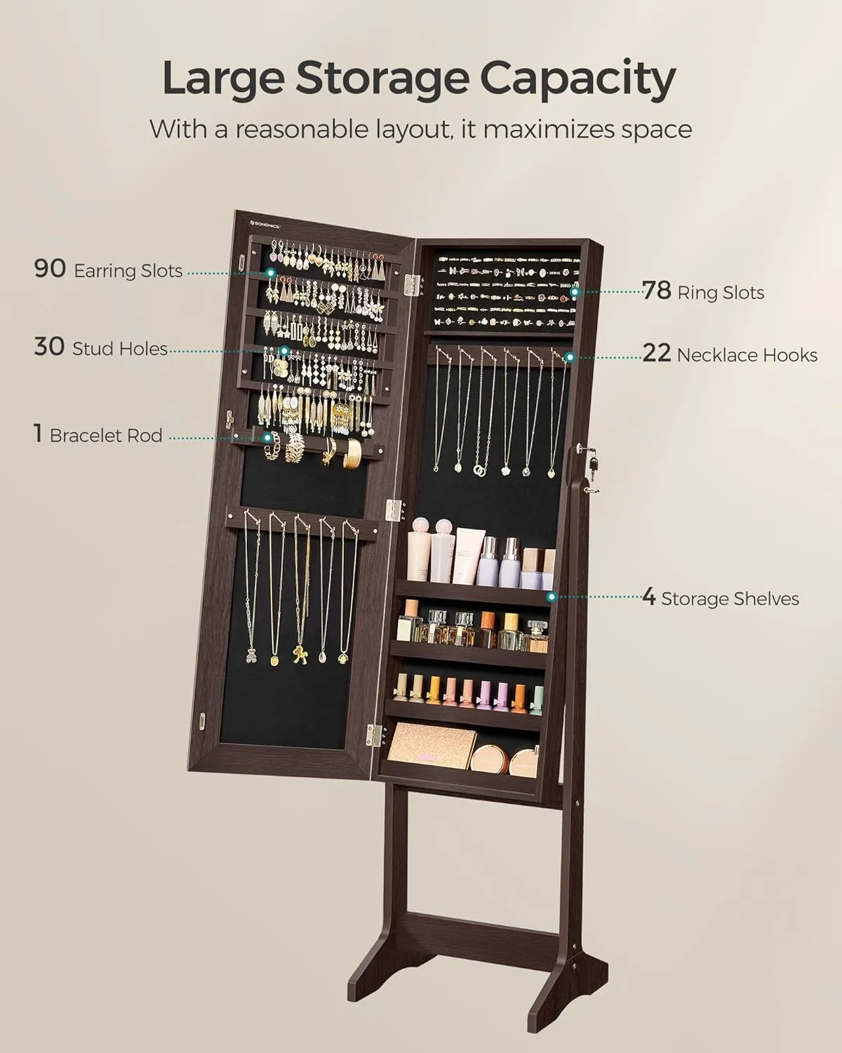 SONGMICS Mirror Jewelry Cabinet Armoire, Standing Full-Length Mirror, Lockable Jewelry Organizer, Gift Idea, Brown Surface and Black Lining UJJC69BR