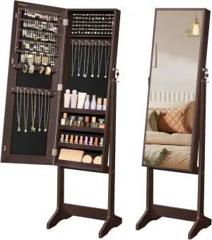 SONGMICS Mirror Jewelry Cabinet Armoire, Standing Full-Length Mirror, Lockable Jewelry Organizer, Gift Idea, Brown Surface and Black Lining UJJC69BR