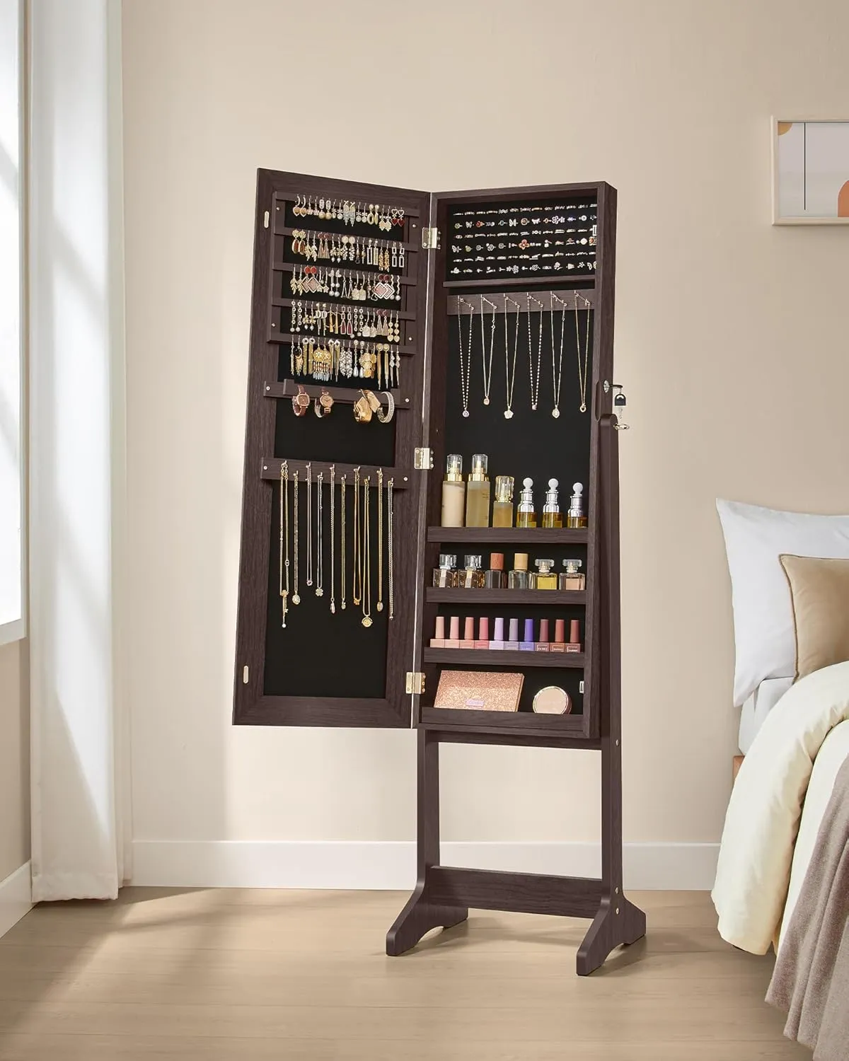 SONGMICS Mirror Jewelry Cabinet Armoire, Standing Full-Length Mirror, Lockable Jewelry Organizer, Gift Idea, Brown Surface and Black Lining UJJC69BR