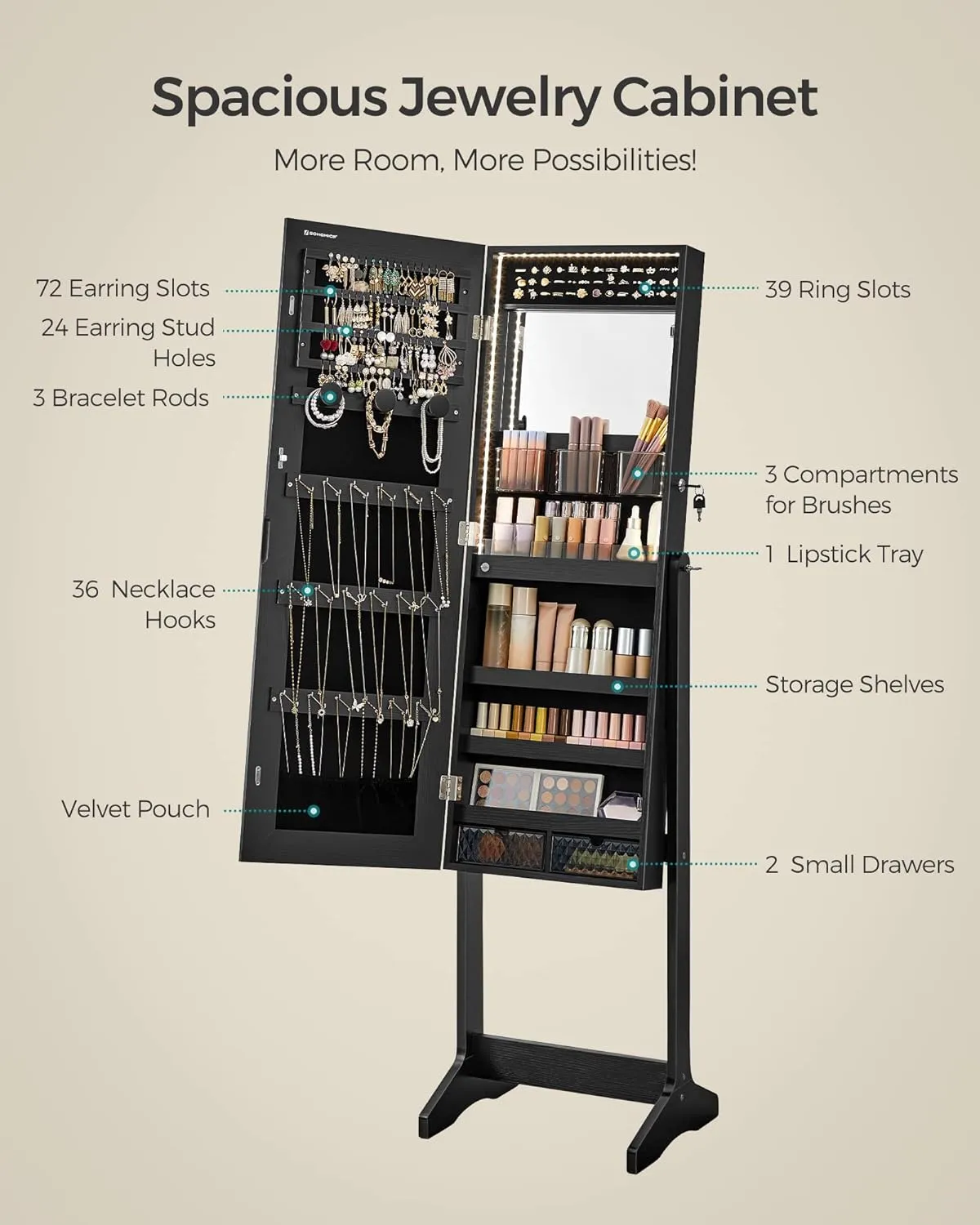 SONGMICS Mirror Jewelry Cabinet Standing Armoire Organizer, Jewelry Storage with Full-Length Frameless LED Lights, Built-in Makeup Mirror, 2 Drawers, Lockable, Black UJJC023B01