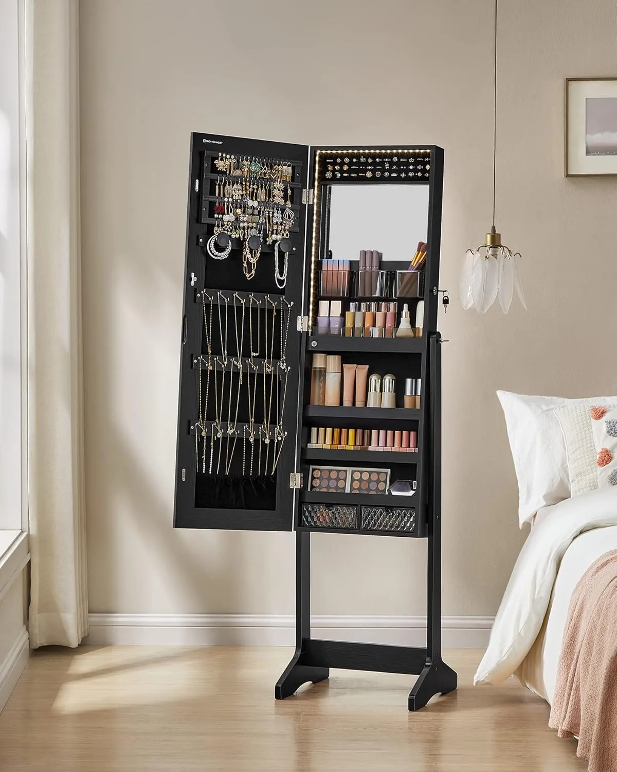 SONGMICS Mirror Jewelry Cabinet Standing Armoire Organizer, Jewelry Storage with Full-Length Frameless LED Lights, Built-in Makeup Mirror, 2 Drawers, Lockable, Black UJJC023B01