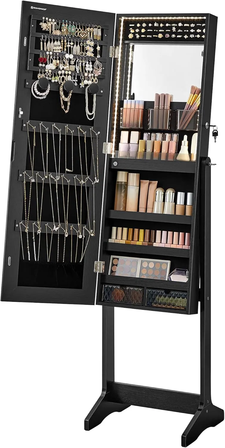 SONGMICS Mirror Jewelry Cabinet Standing Armoire Organizer, Jewelry Storage with Full-Length Frameless LED Lights, Built-in Makeup Mirror, 2 Drawers, Lockable, Black UJJC023B01