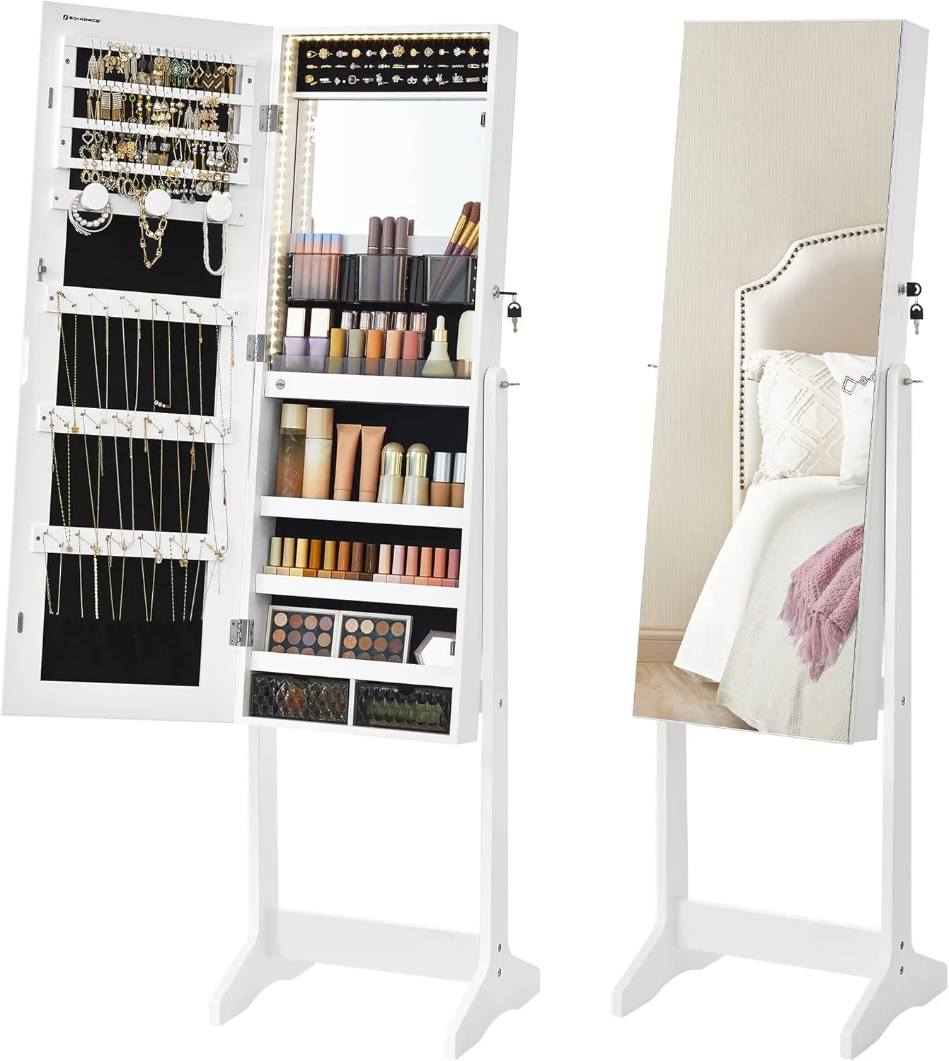 SONGMICS Mirror Jewelry Cabinet Standing Armoire Organizer, Jewelry Storage with Full-Length Frameless LED Lights, Built-in Makeup Mirror, 2 Drawers, Lockable, White UJJC023W01