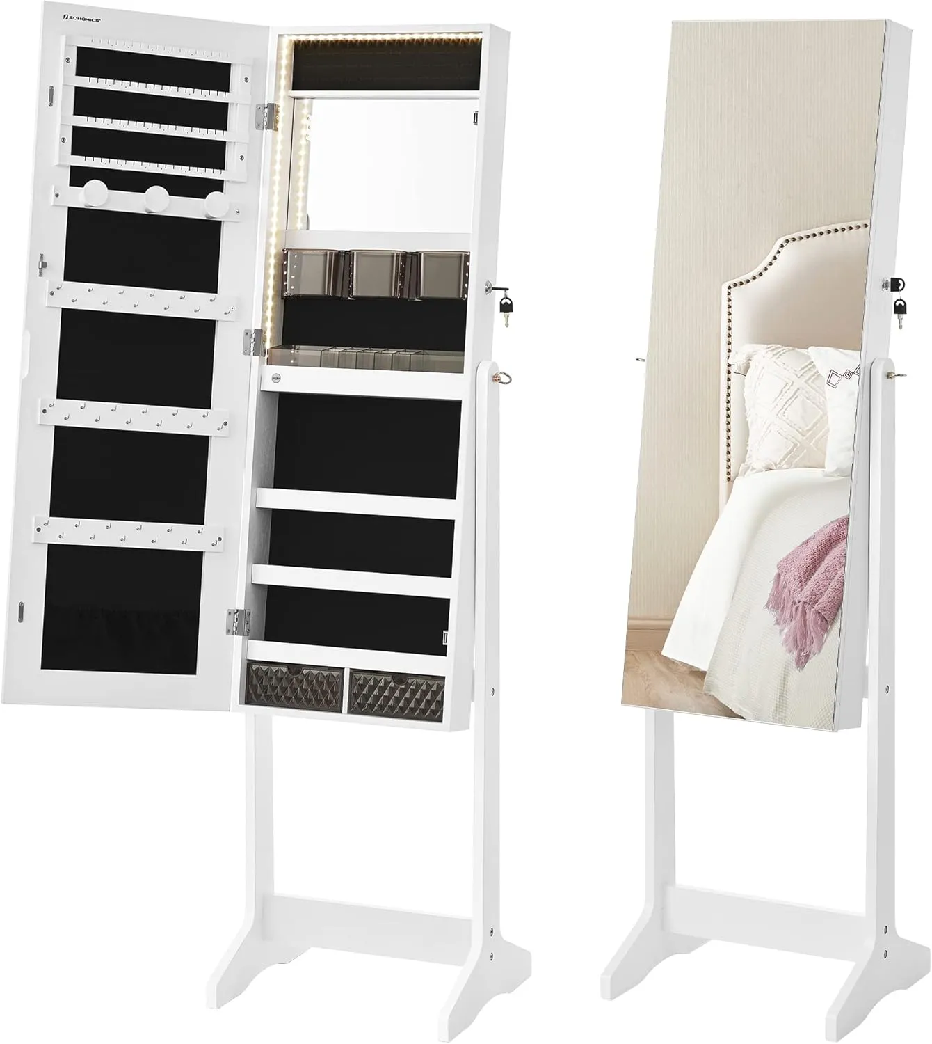 SONGMICS Mirror Jewelry Cabinet Standing Armoire Organizer, Jewelry Storage with Full-Length Frameless LED Lights, Built-in Makeup Mirror, 2 Drawers, Lockable, White UJJC023W01