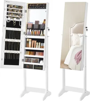 SONGMICS Mirror Jewelry Cabinet Standing Armoire Organizer, Jewelry Storage with Full-Length Frameless LED Lights, Built-in Makeup Mirror, 2 Drawers, Lockable, White UJJC023W01