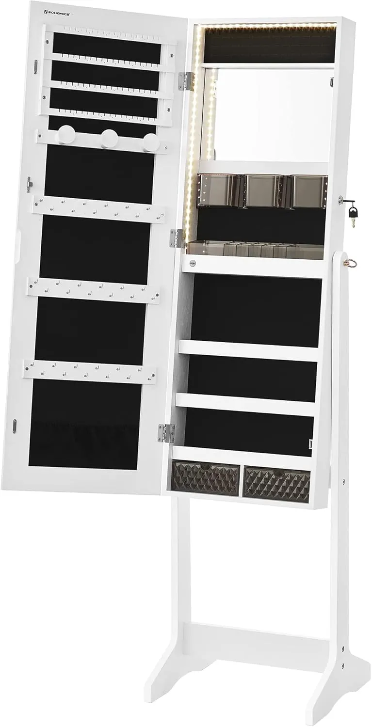 SONGMICS Mirror Jewelry Cabinet Standing Armoire Organizer, Jewelry Storage with Full-Length Frameless LED Lights, Built-in Makeup Mirror, 2 Drawers, Lockable, White UJJC023W01