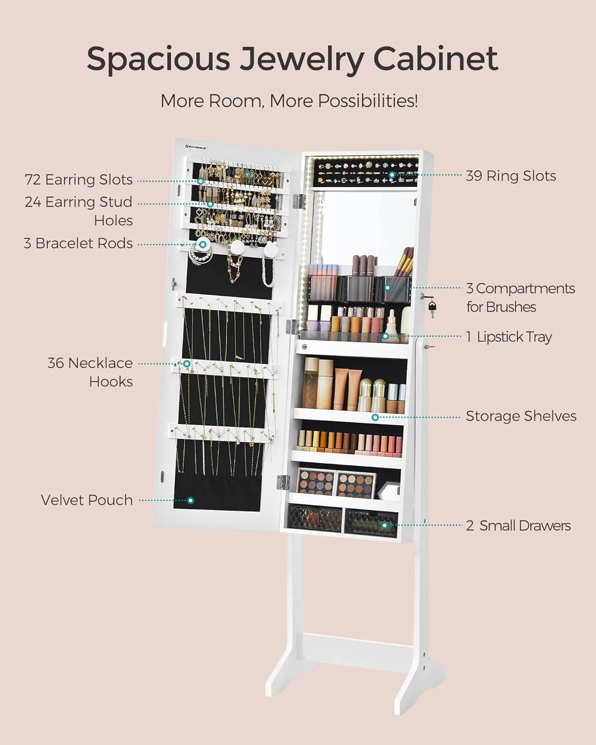 SONGMICS Mirror Jewelry Cabinet Standing Armoire Organizer, Jewelry Storage with Full-Length Frameless LED Lights, Built-in Makeup Mirror, 2 Drawers, Lockable, White UJJC023W01