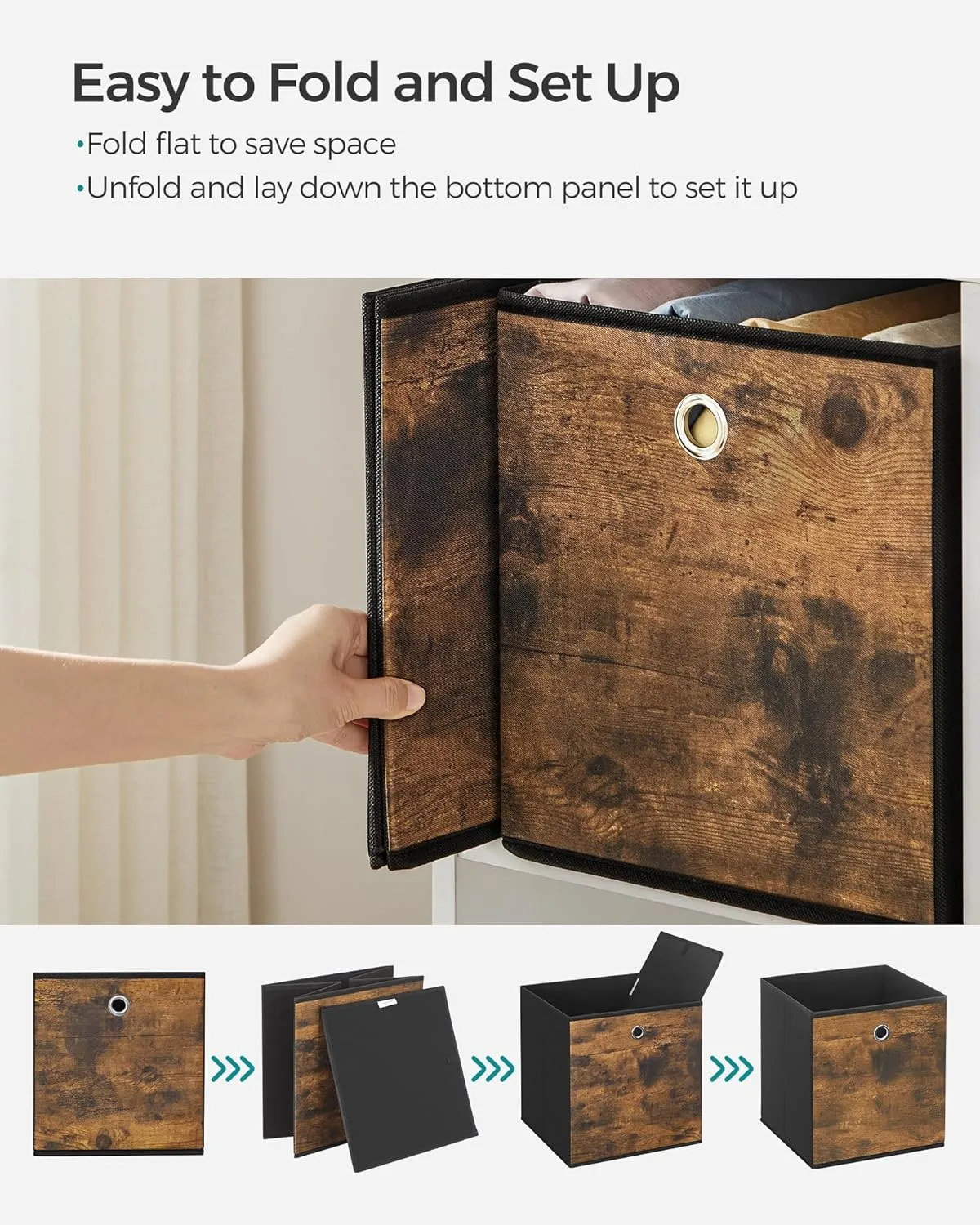 SONGMICS Storage Cubes, Set of 6 Storage Bins with Handles, Foldable Oxford Fabric and Non-Woven Fabric Storage Boxes, 10.2x10.2x11 Inches, Fit Cube Storage Unit, Rustic Brown URFB126B01